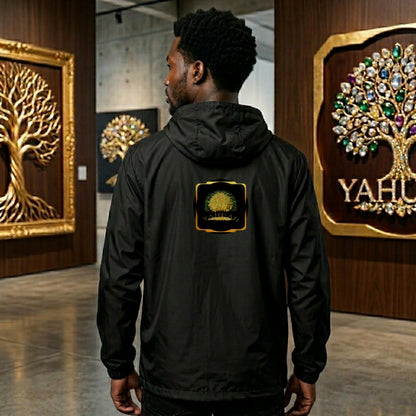 Back view of a unisex lightweight black windbreaker featuring a gold "Yahuah Tree of Life" emblem gold graphic on the back.