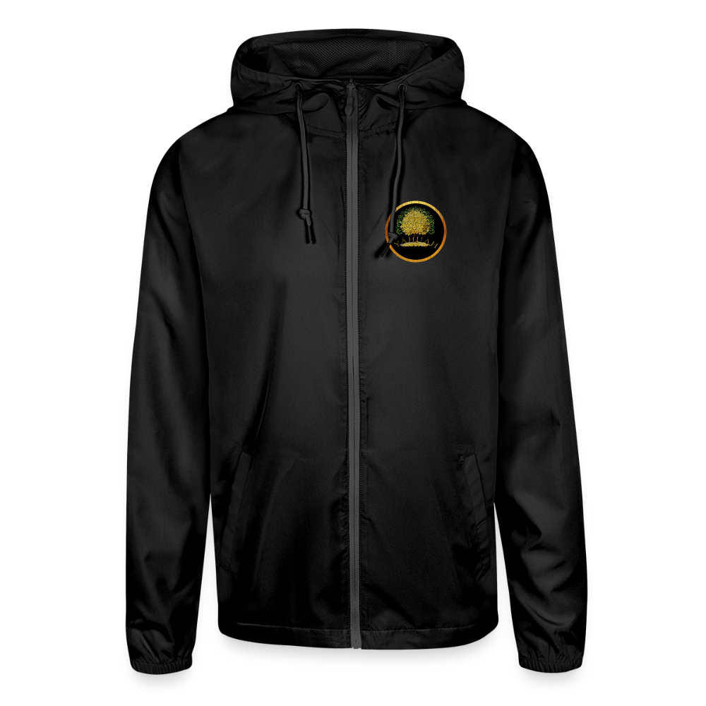 Front mockup of a unisex lightweight black windbreaker featuring a gold "Yahuah Tree of Life" circular emblem on the chest.