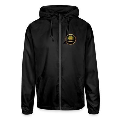 Front mockup of a unisex lightweight black windbreaker featuring a gold "Yahuah Tree of Life" circular emblem on the chest.