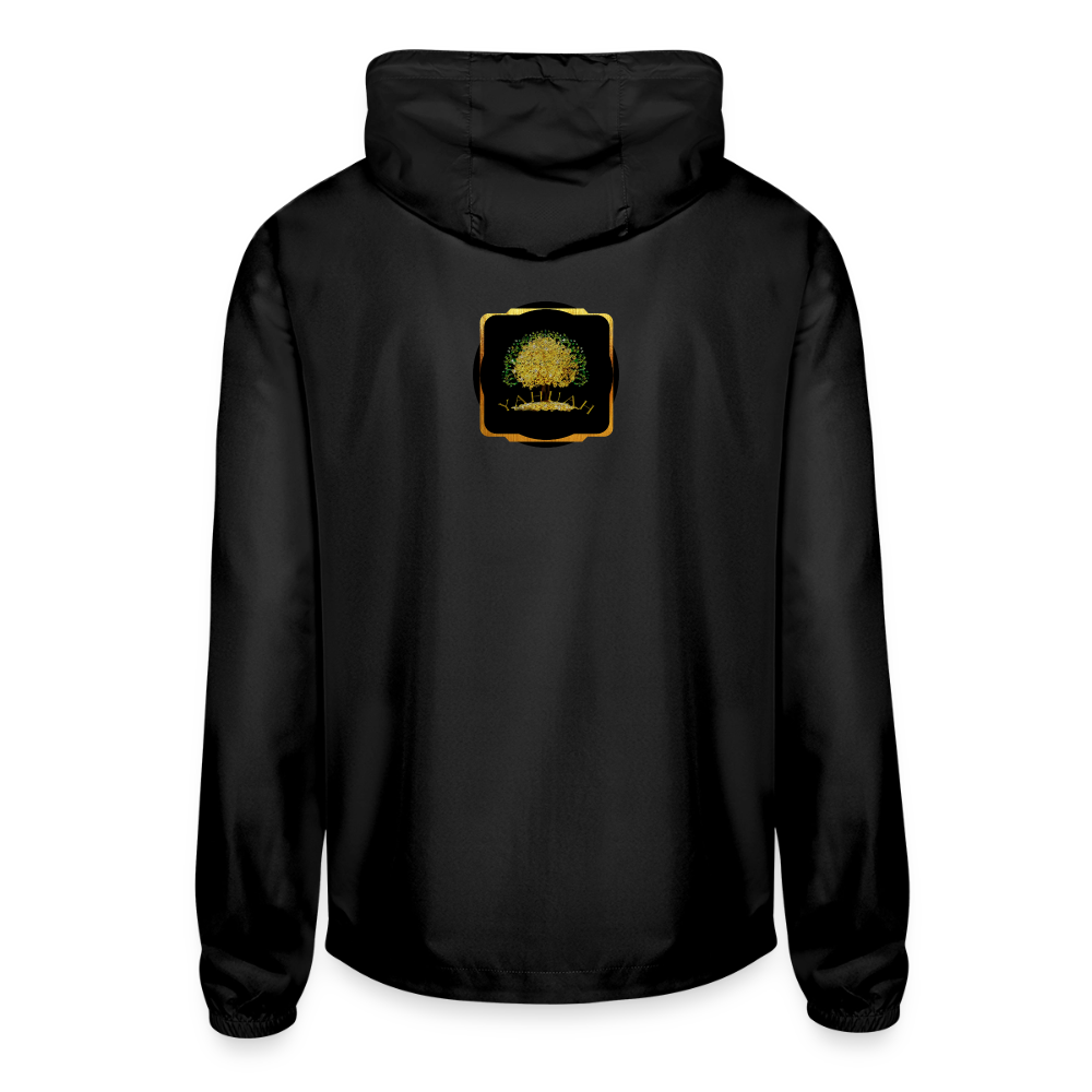 Back mockup of a unisex lightweight black windbreaker featuring a gold "Yahuah Tree of Life" circular emblem on the chest and a larger gold graphic on the back