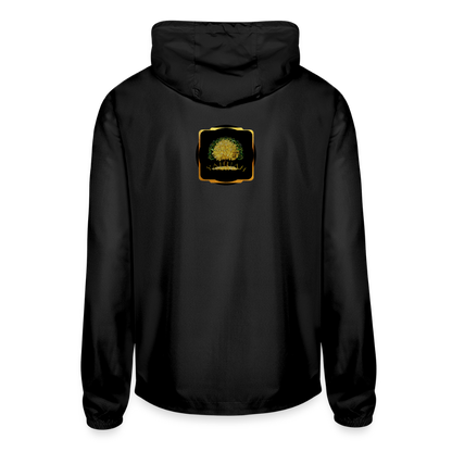 Back mockup of a unisex lightweight black windbreaker featuring a gold "Yahuah Tree of Life" circular emblem on the chest and a larger gold graphic on the back