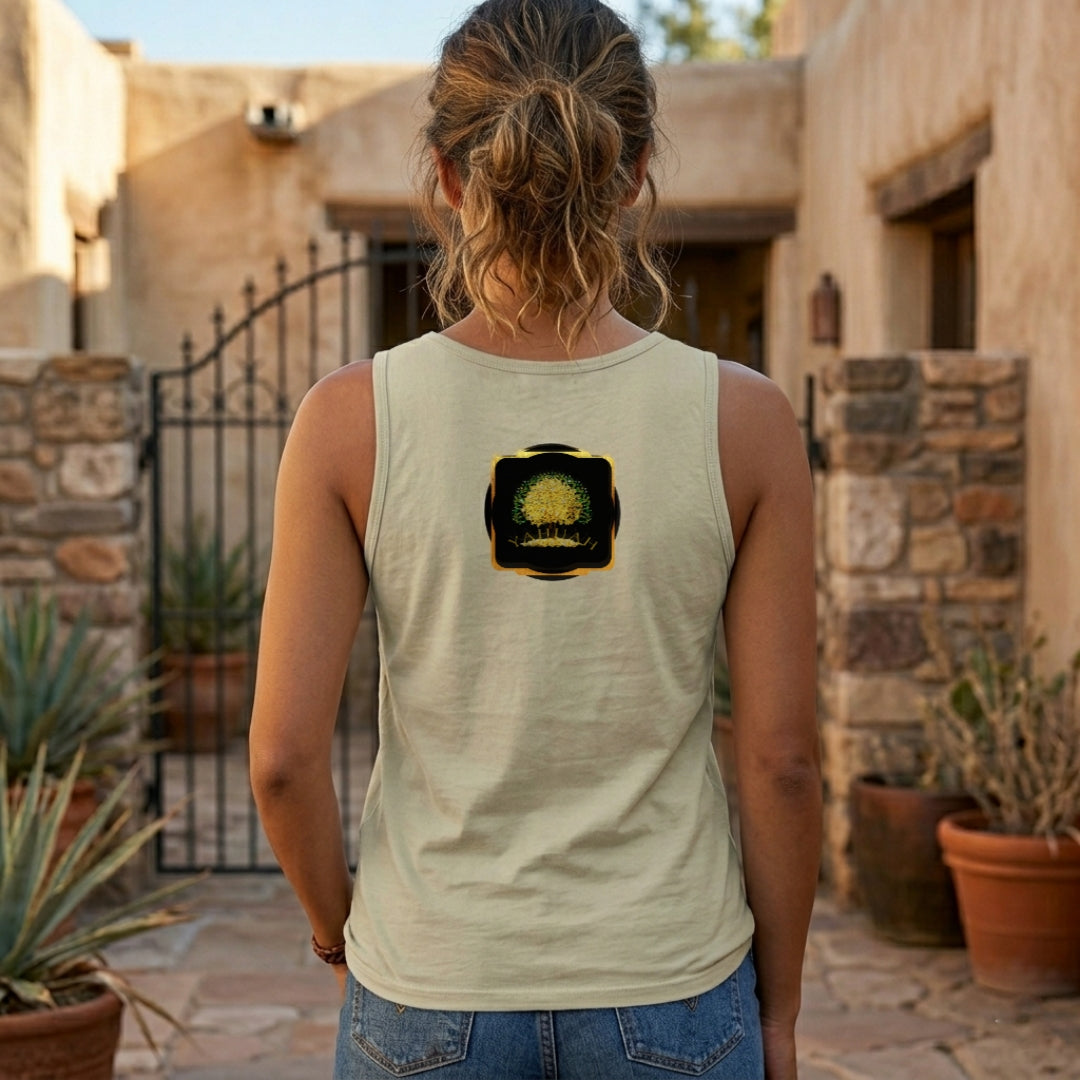 Back view of a sand-colored unisex longline tank top with a centered Yahuah Tree of Life (03) graphic framed in black and gold.