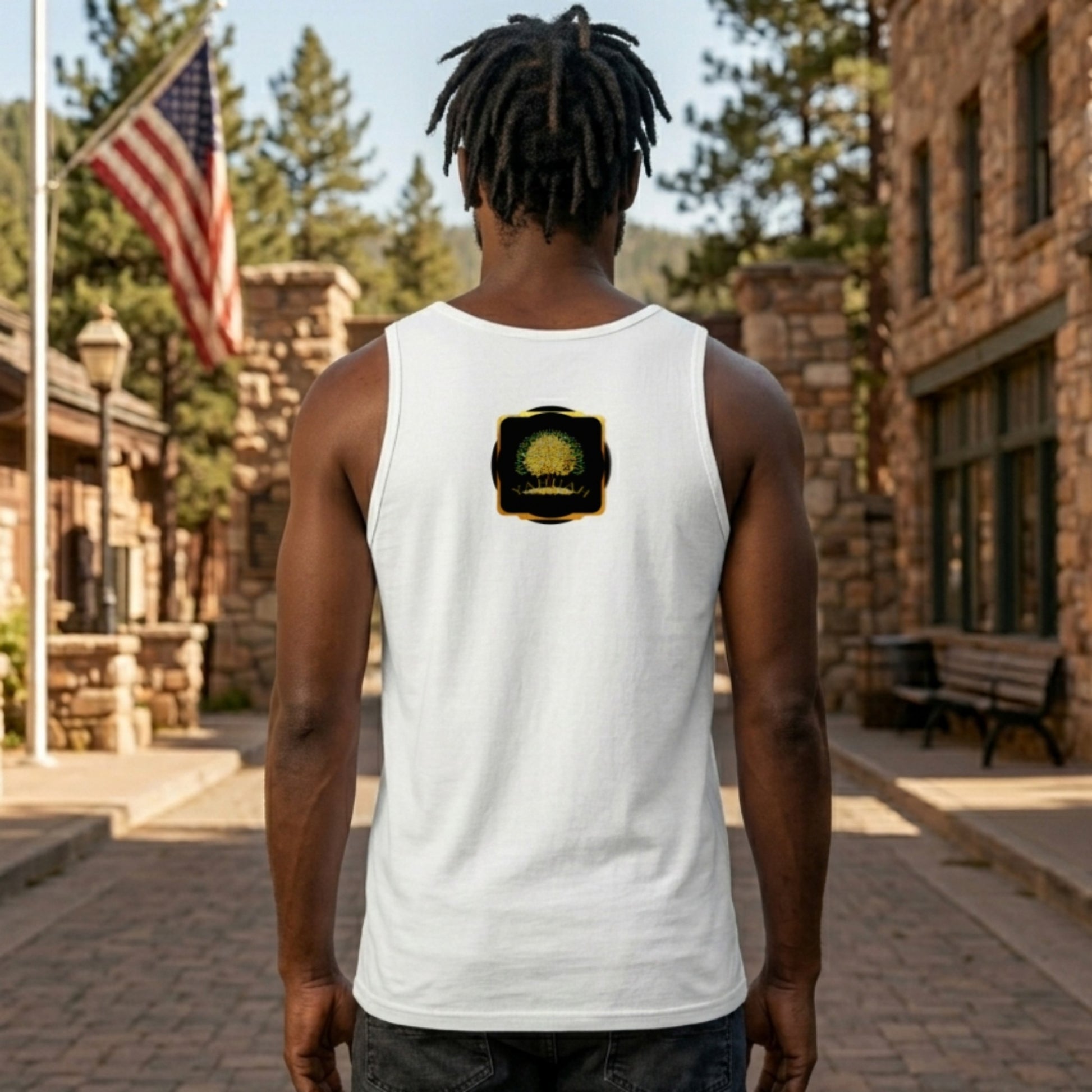Back view of a white unisex longline tank top featuring a centered Yahuah Tree of Life (03) graphic in a black and gold frame between the shoulder blades.
