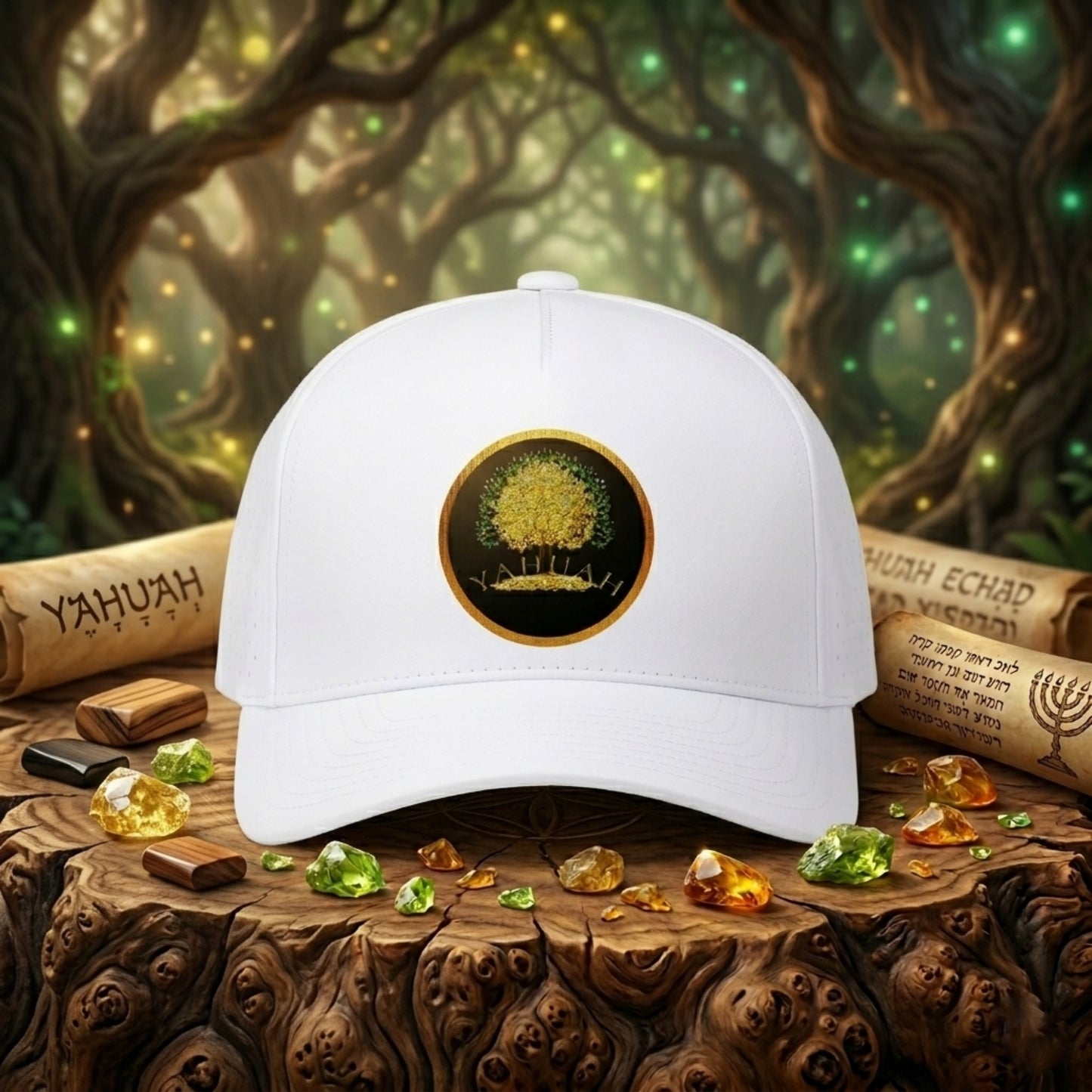 Gold Tree of Life "YAHUAH" emblem on a white perforated snapback cap, displayed on a wooden surface with ancient scrolls and glowing gems in a mystical forest.