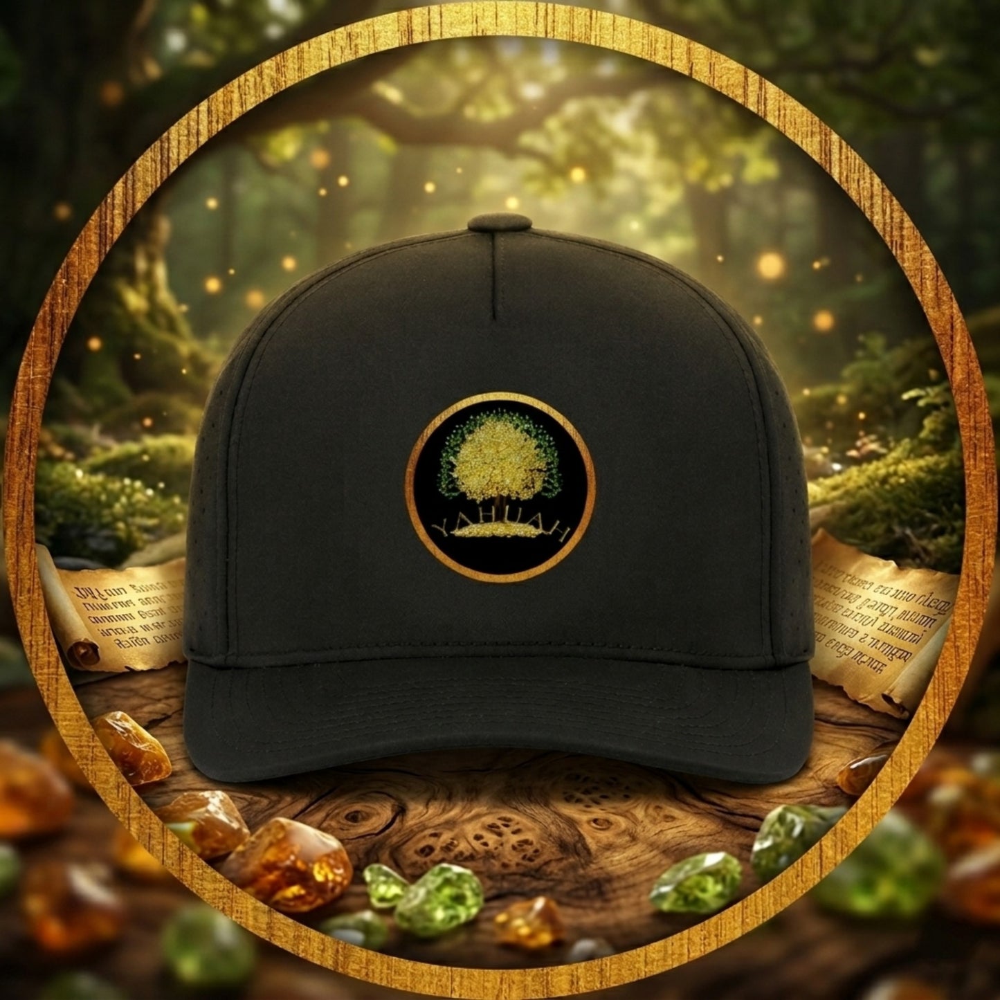 Gold Tree of Life "YAHUAH" emblem on a black perforated snapback cap, displayed on a wooden surface with ancient scrolls and glowing gems in a mystical forest.