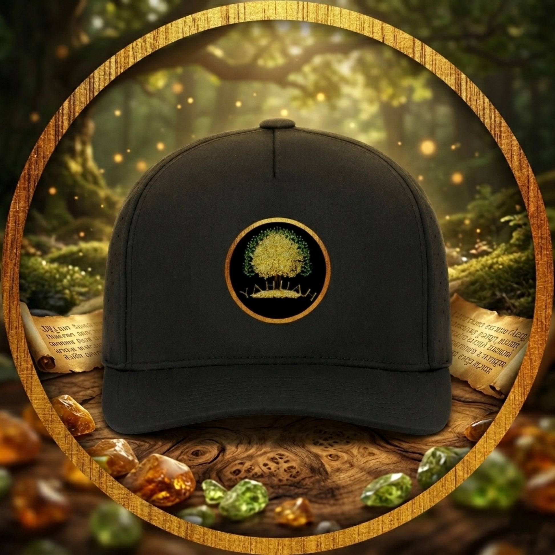 Gold Tree of Life "YAHUAH" emblem on a black perforated snapback cap, displayed on a wooden surface with ancient scrolls and glowing gems in a mystical forest.