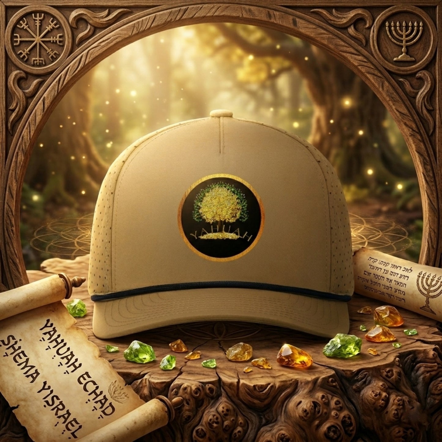 Gold Tree of Life "YAHUAH" emblem on a dark khaki perforated snapback cap, displayed on a wooden surface with ancient scrolls and glowing gems in a mystical forest.