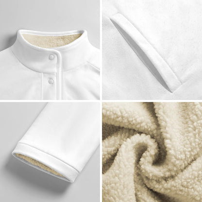 Close-ups of the stand collar, pocket, cuff, and soft cream sherpa lining of the Yahuah: Tree of Life fleece jacket.