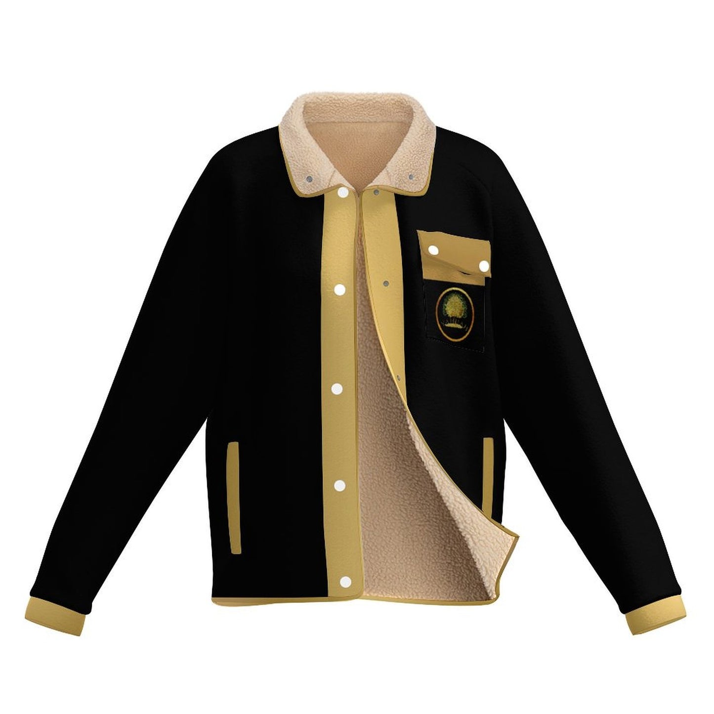 Flat lay of a black and gold Yahuah: Tree of Life stand collar fleece jacket showing the button-down front, sherpa lining, and golden tree chest emblem.