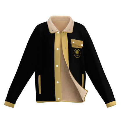 Flat lay of a black and gold Yahuah: Tree of Life stand collar fleece jacket showing the button-down front, sherpa lining, and golden tree chest emblem.