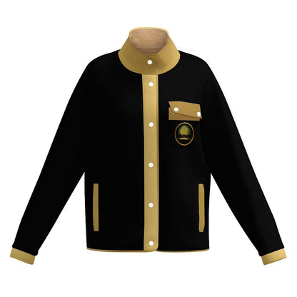 Flat lay of a black and gold Yahuah: Tree of Life stand collar fleece jacket showing the button-down front and golden tree chest emblem.