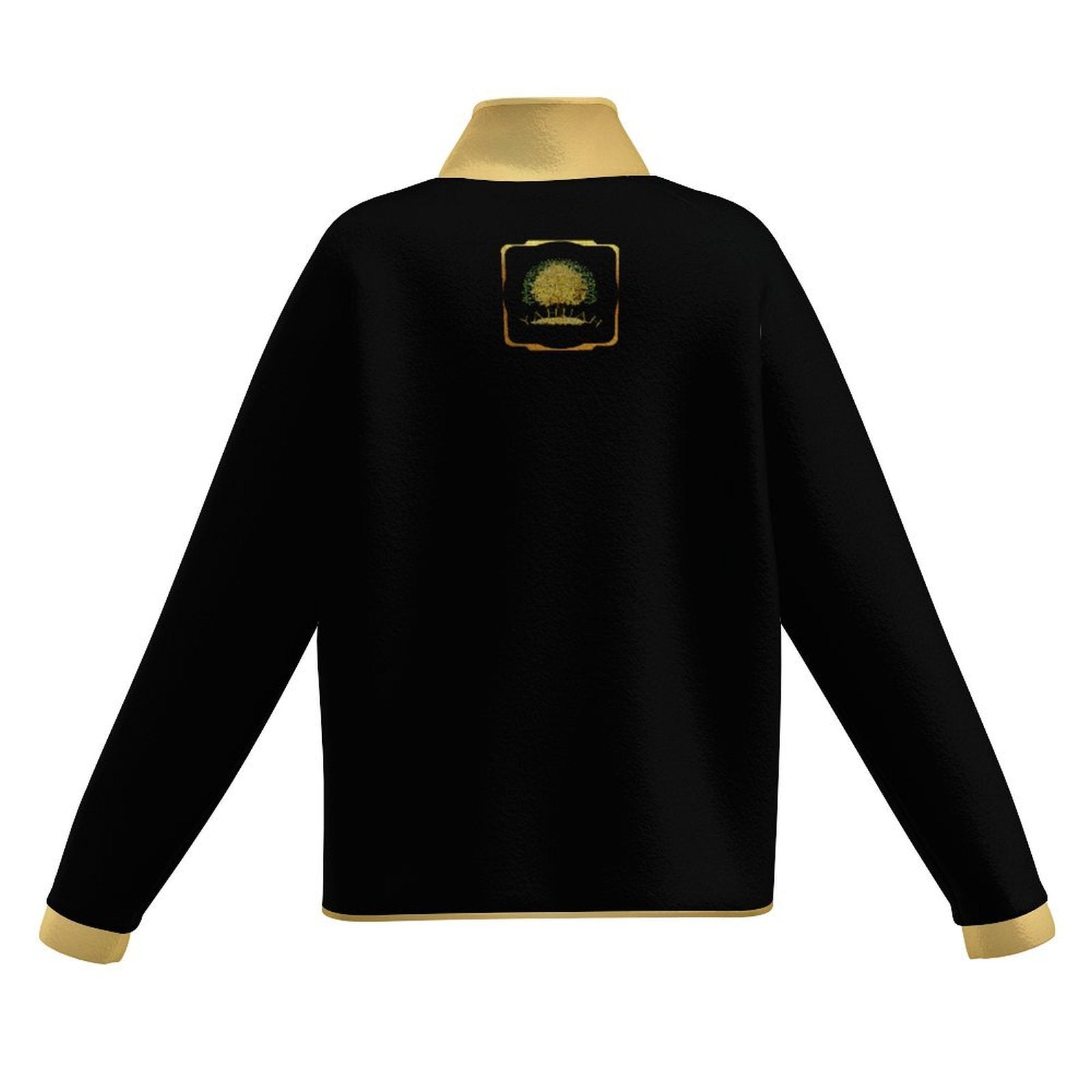 Back view of a black and gold Yahuah: Tree of Life fleece jacket with close-ups of the stand collar, pocket, cuff, and soft cream sherpa lining.