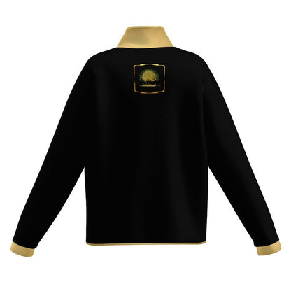 Back view of a black and gold Yahuah: Tree of Life fleece jacket with close-ups of the stand collar, pocket, cuff, and soft cream sherpa lining.