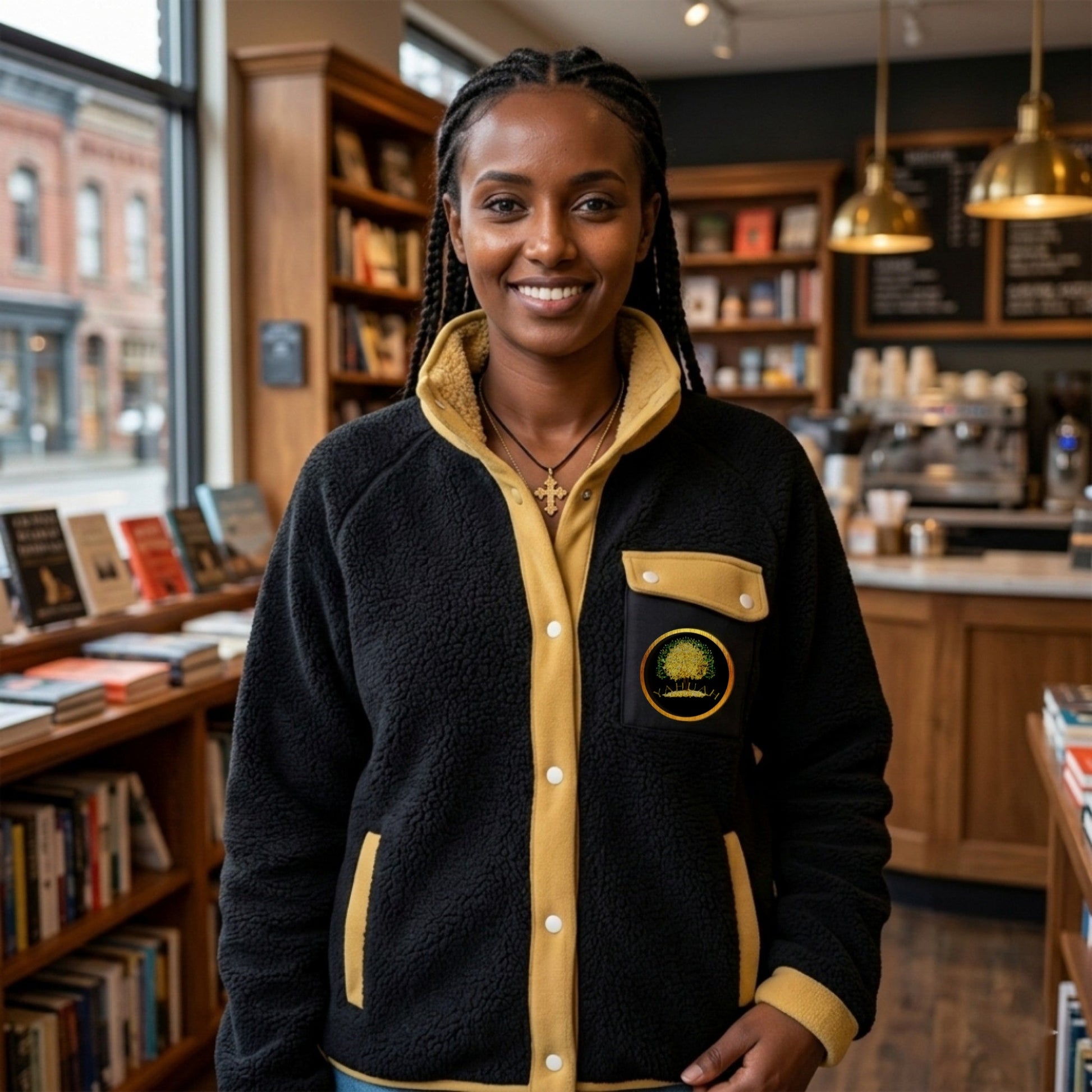 Front view of a woman in a bookstore wearing a black and gold Yahuah: Tree of Life stand collar fleece jacket with a golden tree emblem.