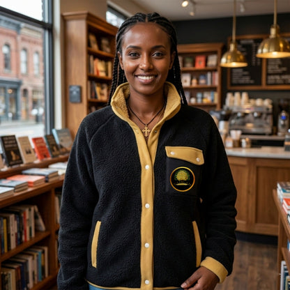 Front view of a woman in a bookstore wearing a black and gold Yahuah: Tree of Life stand collar fleece jacket with a golden tree emblem.