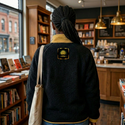 back view of a woman in a bookstore wearing a black and gold Yahuah: Tree of Life stand collar fleece jacket with a golden tree emblem.