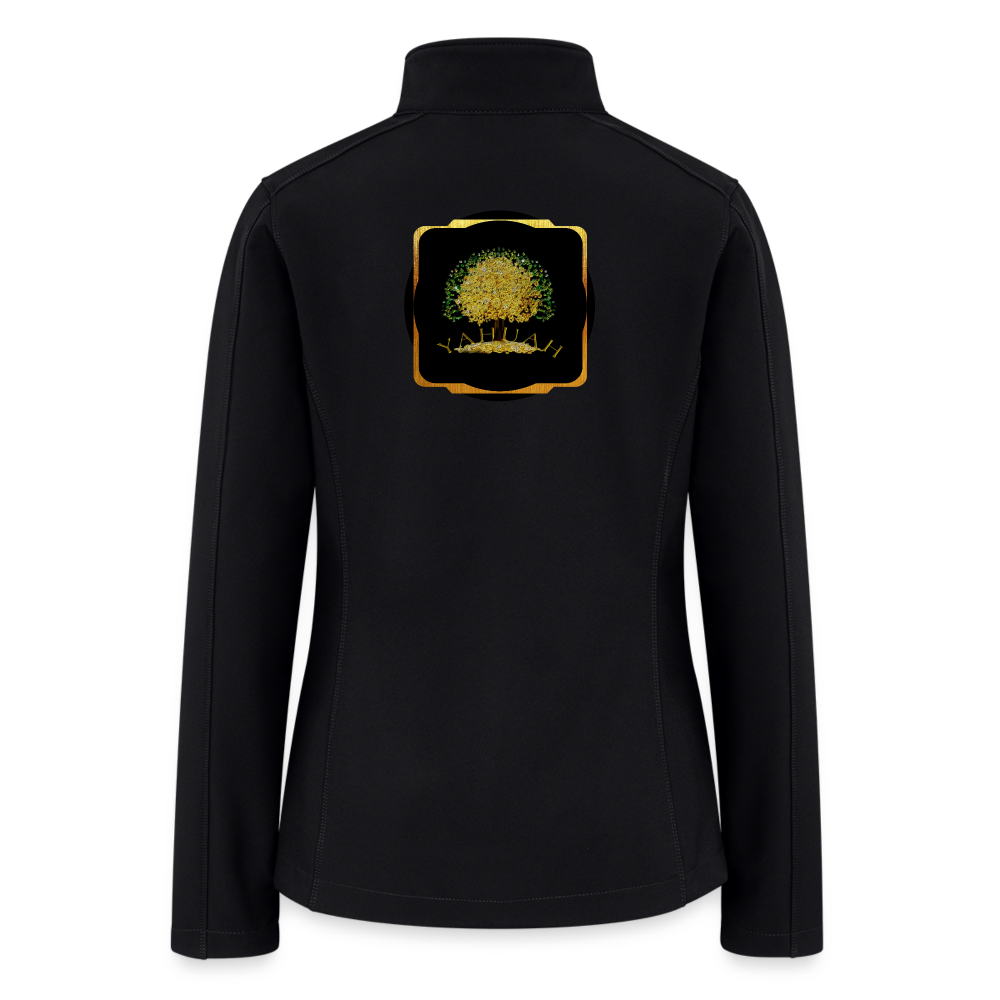 Studio back view of a black soft shell windbreaker with a high-relief Yahuah Tree of Life (03) graphic framed in metallic gold.