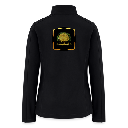 Studio back view of a black soft shell windbreaker with a high-relief Yahuah Tree of Life (03) graphic framed in metallic gold.