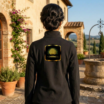 Back view of a black women's windbreaker showcasing the Yahuah Tree of Life (03) modern maximalist design between the shoulders.