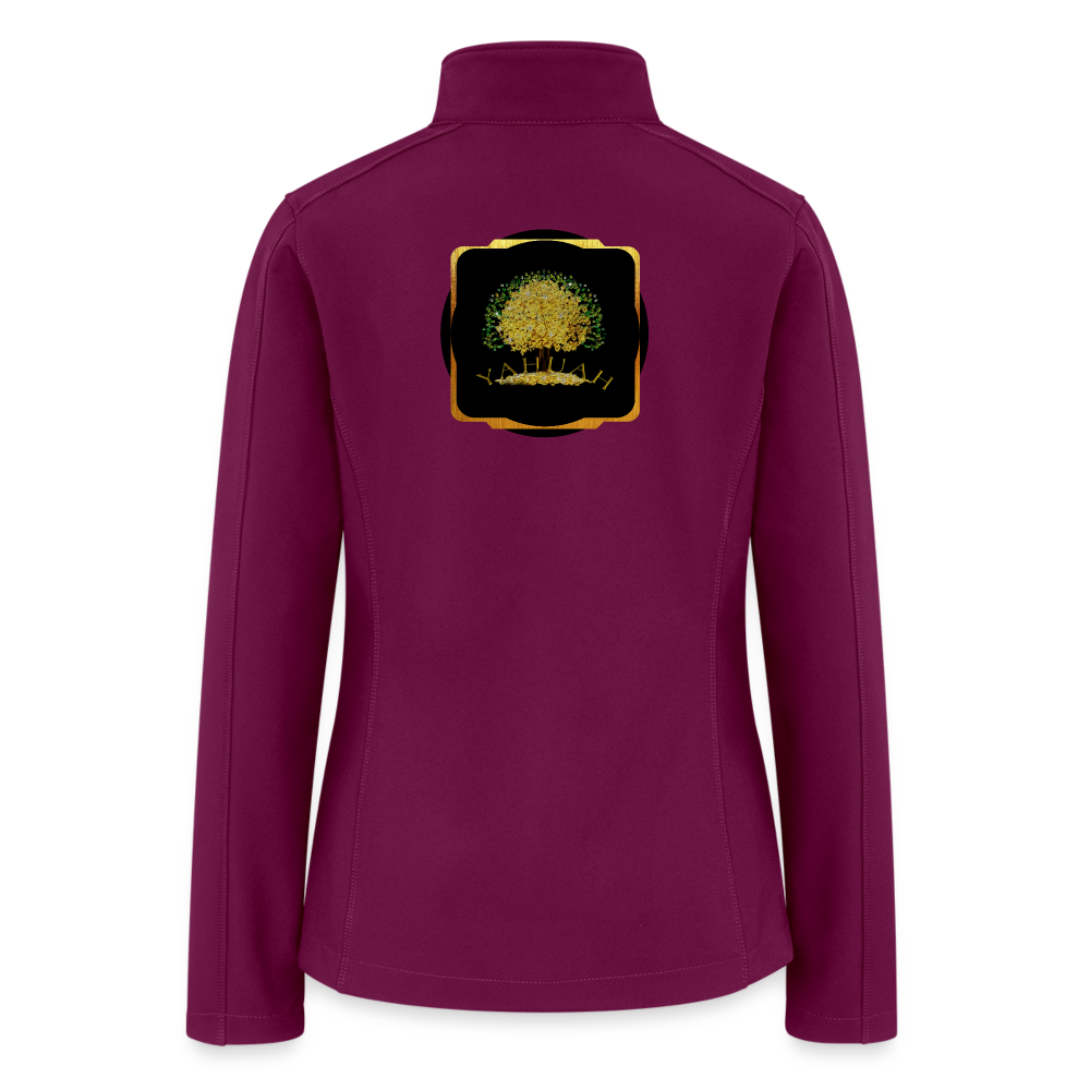 Flat lay back view of a fuchsia women's soft shell windbreaker with a centered, framed Yahuah Tree of Life (03) graphic.