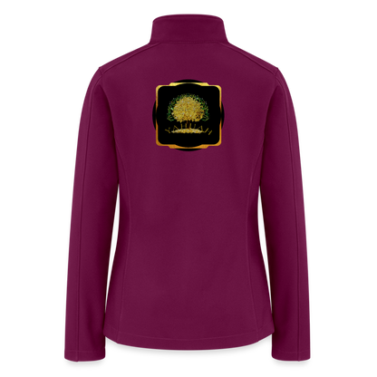 Flat lay back view of a fuchsia women's soft shell windbreaker with a centered, framed Yahuah Tree of Life (03) graphic.
