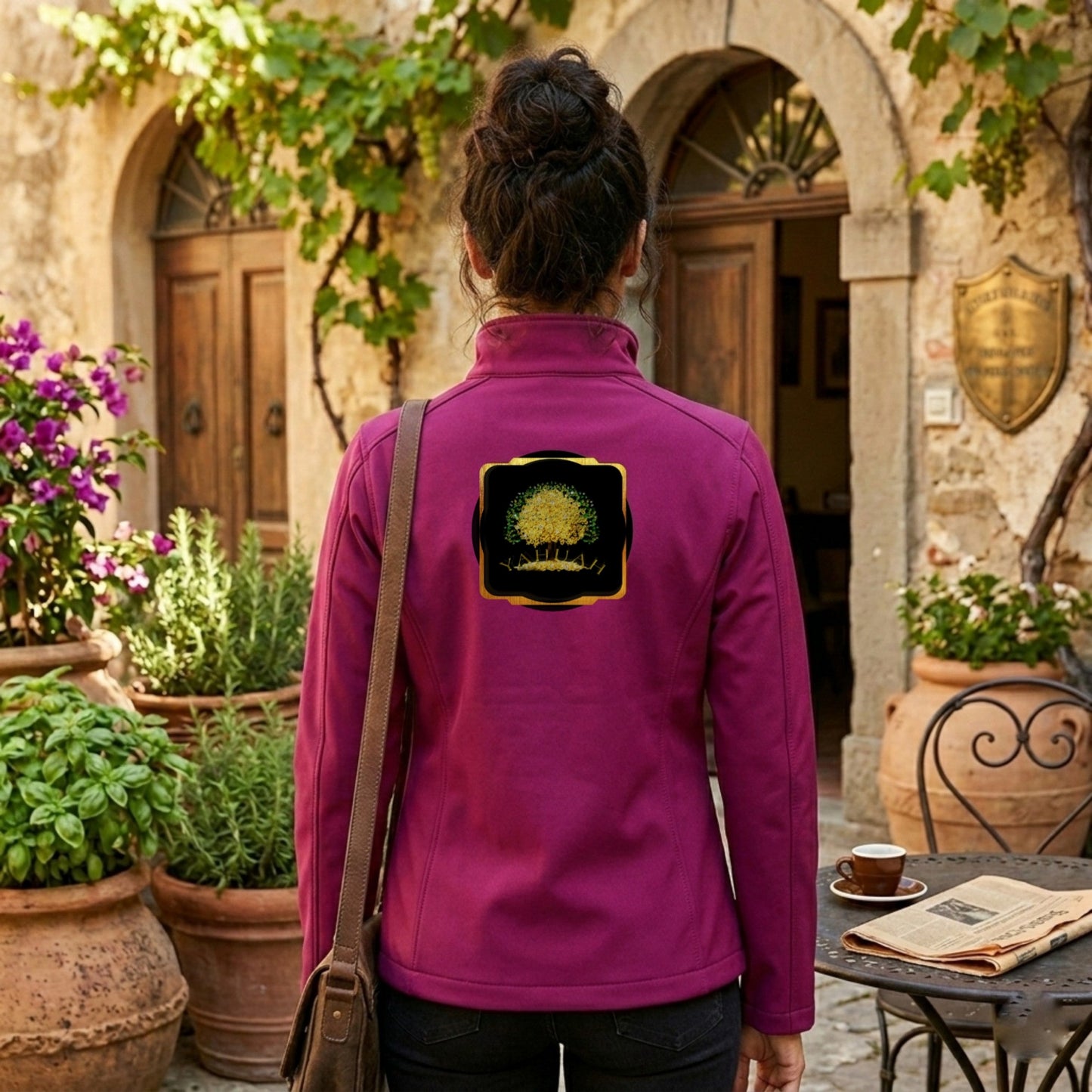 Back view of a fuchsia women's windbreaker featuring a centered Yahuah Tree of Life (03) symbolic graphic in a black and gold frame.