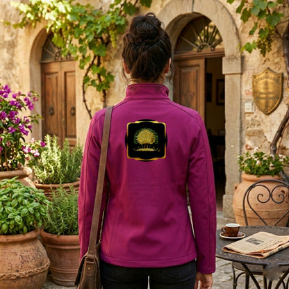 Back view of a fuchsia women's windbreaker featuring a centered Yahuah Tree of Life (03) symbolic graphic in a black and gold frame.