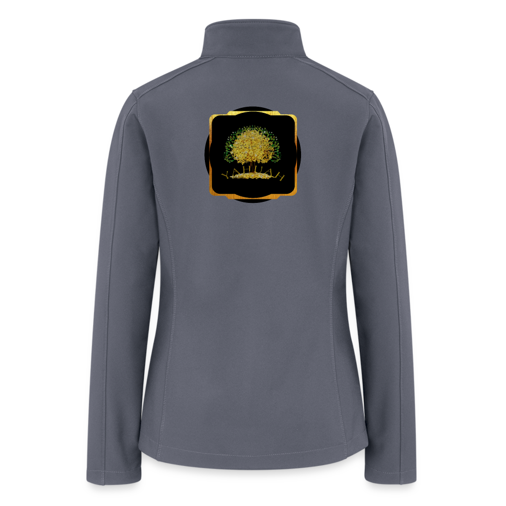 Flat lay back view of a charcoal grey soft shell windbreaker featuring the framed Yahuah Tree of Life (03) archival design.