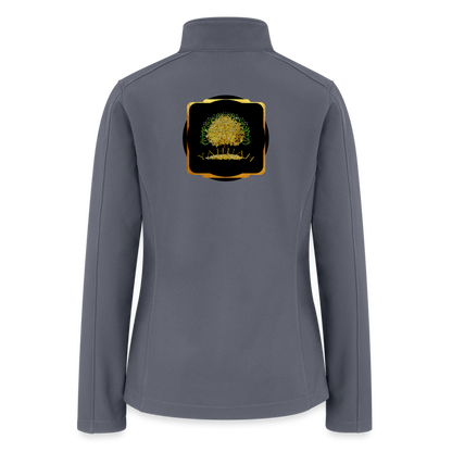 Flat lay back view of a charcoal grey soft shell windbreaker featuring the framed Yahuah Tree of Life (03) archival design.