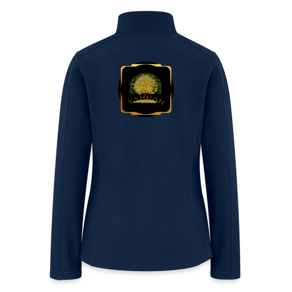 Flat lay back view of a navy blue soft shell windbreaker showcasing the Yahuah Tree of Life (03) design in a gold-bordered frame.