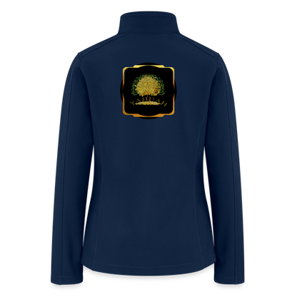 Flat lay back view of a navy blue soft shell windbreaker showcasing the Yahuah Tree of Life (03) design in a gold-bordered frame.