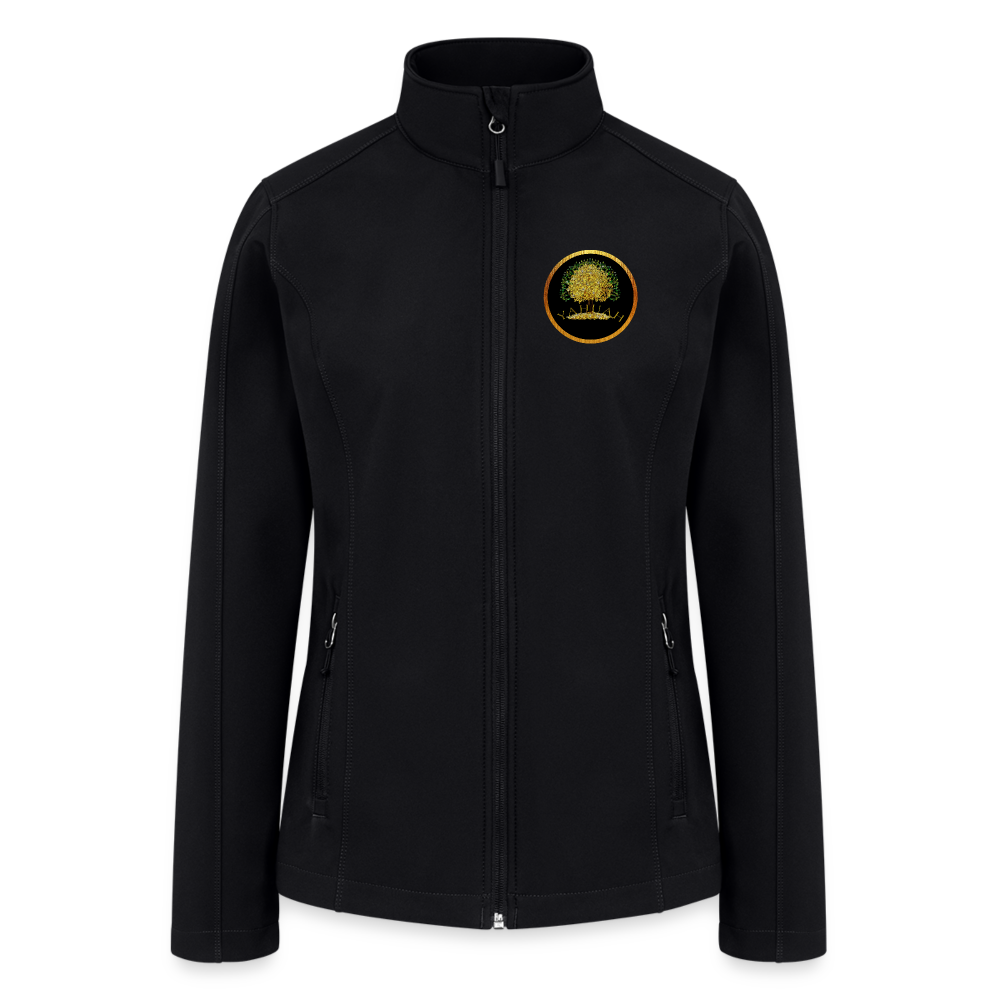 Flat lay front view of a black women's soft shell windbreaker with the Yahuah Tree of Life (03) circular logo on the left chest.