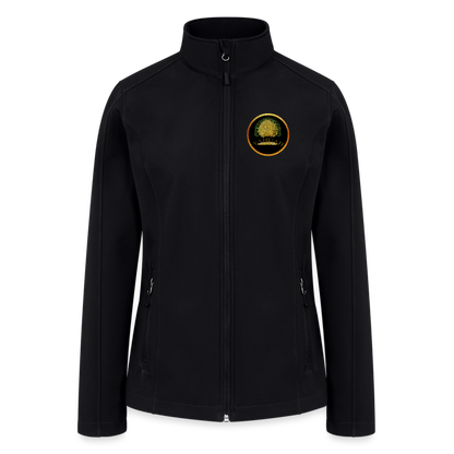 Flat lay front view of a black women's soft shell windbreaker with the Yahuah Tree of Life (03) circular logo on the left chest.