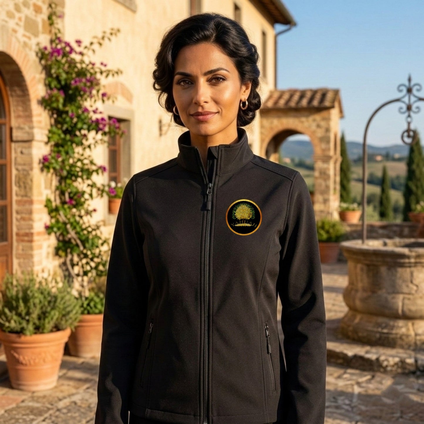 Front view of a woman wearing a black soft shell windbreaker with the gold-toned Yahuah Tree of Life (03) emblem on the chest.