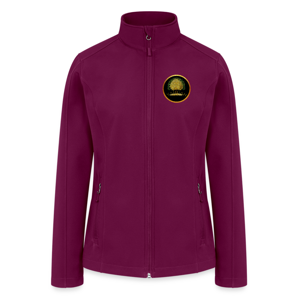 Flat lay front view of a fuchsia women's soft shell windbreaker featuring the Yahuah Tree of Life (03) symbolic gold emblem.