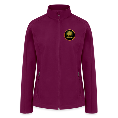 Flat lay front view of a fuchsia women's soft shell windbreaker featuring the Yahuah Tree of Life (03) symbolic gold emblem.