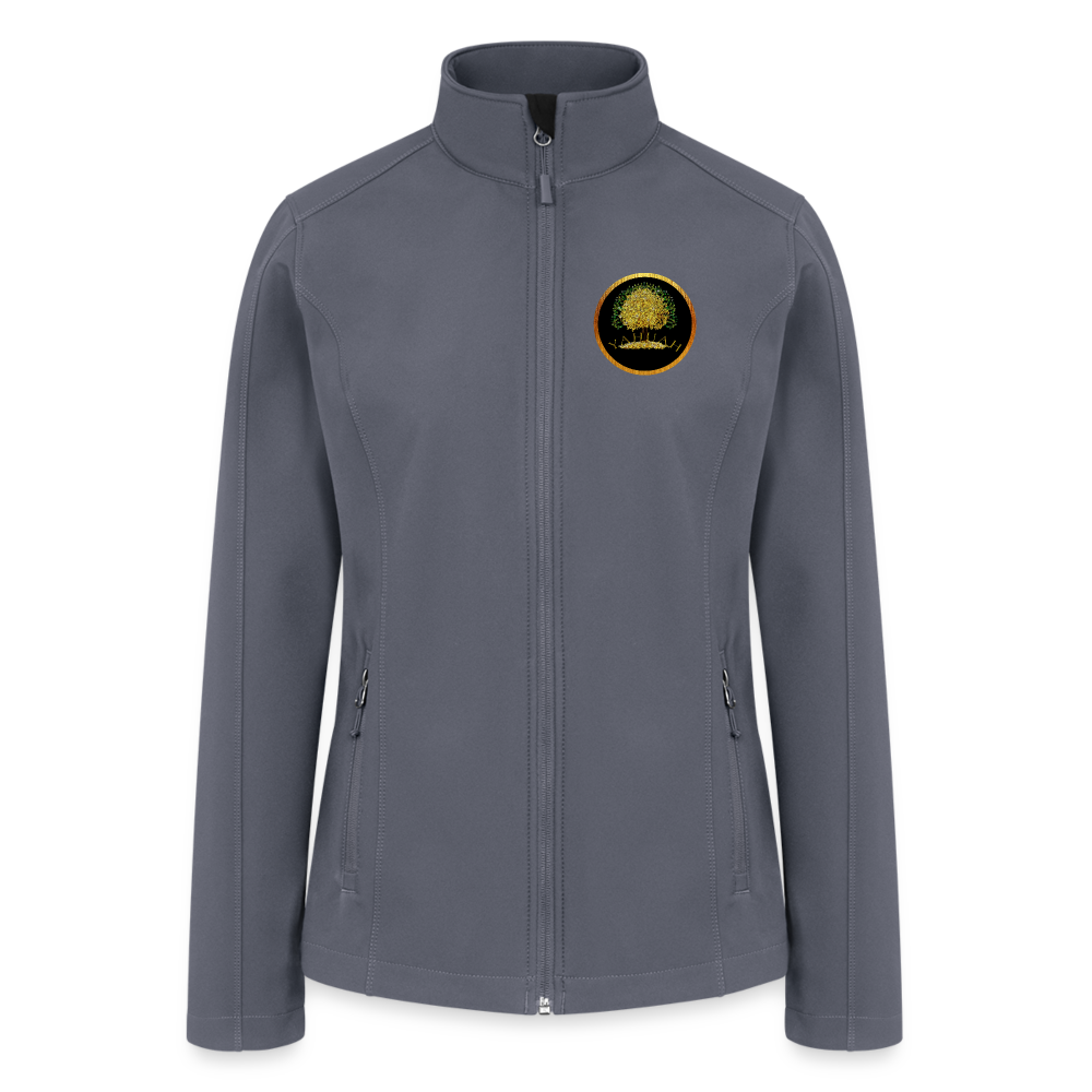 Flat lay front view of a charcoal grey women's soft shell windbreaker with the Yahuah Tree of Life (03) chest logo.