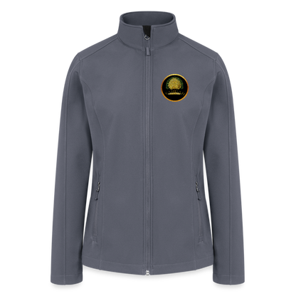 Flat lay front view of a charcoal grey women's soft shell windbreaker with the Yahuah Tree of Life (03) chest logo.