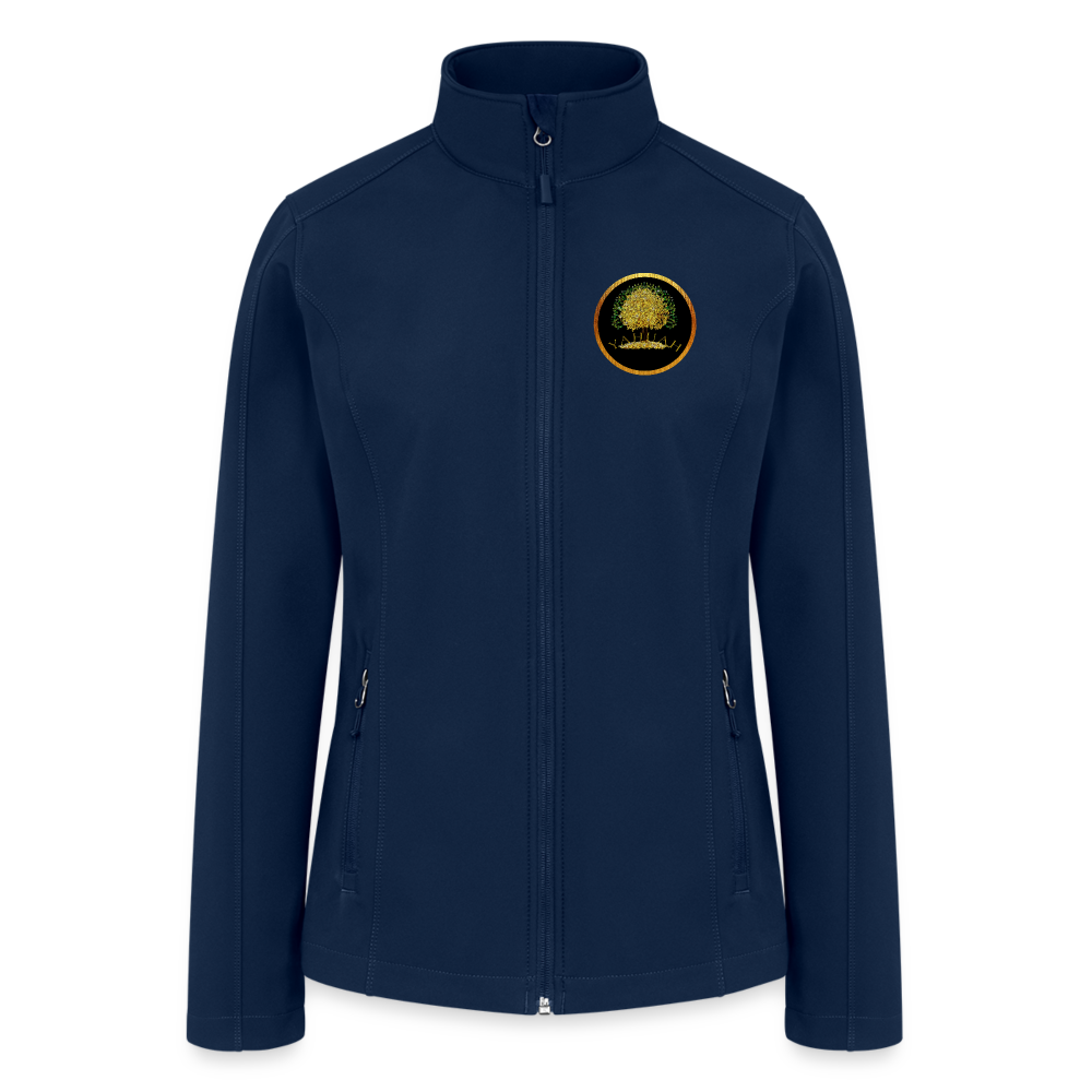 Flat lay front view of a navy blue women's soft shell windbreaker with the Yahuah Tree of Life (03) metallic-style logo.