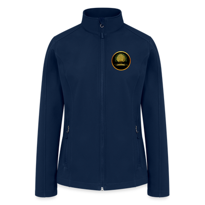 Flat lay front view of a navy blue women's soft shell windbreaker with the Yahuah Tree of Life (03) metallic-style logo.