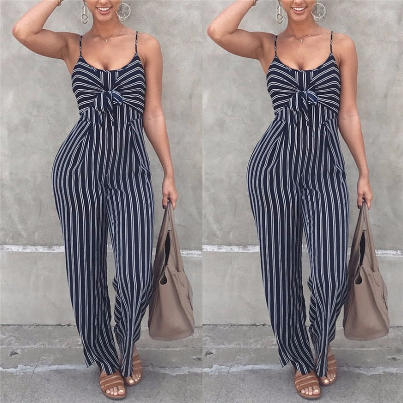 Blue Bodycon Backless Striped Jumpsuit