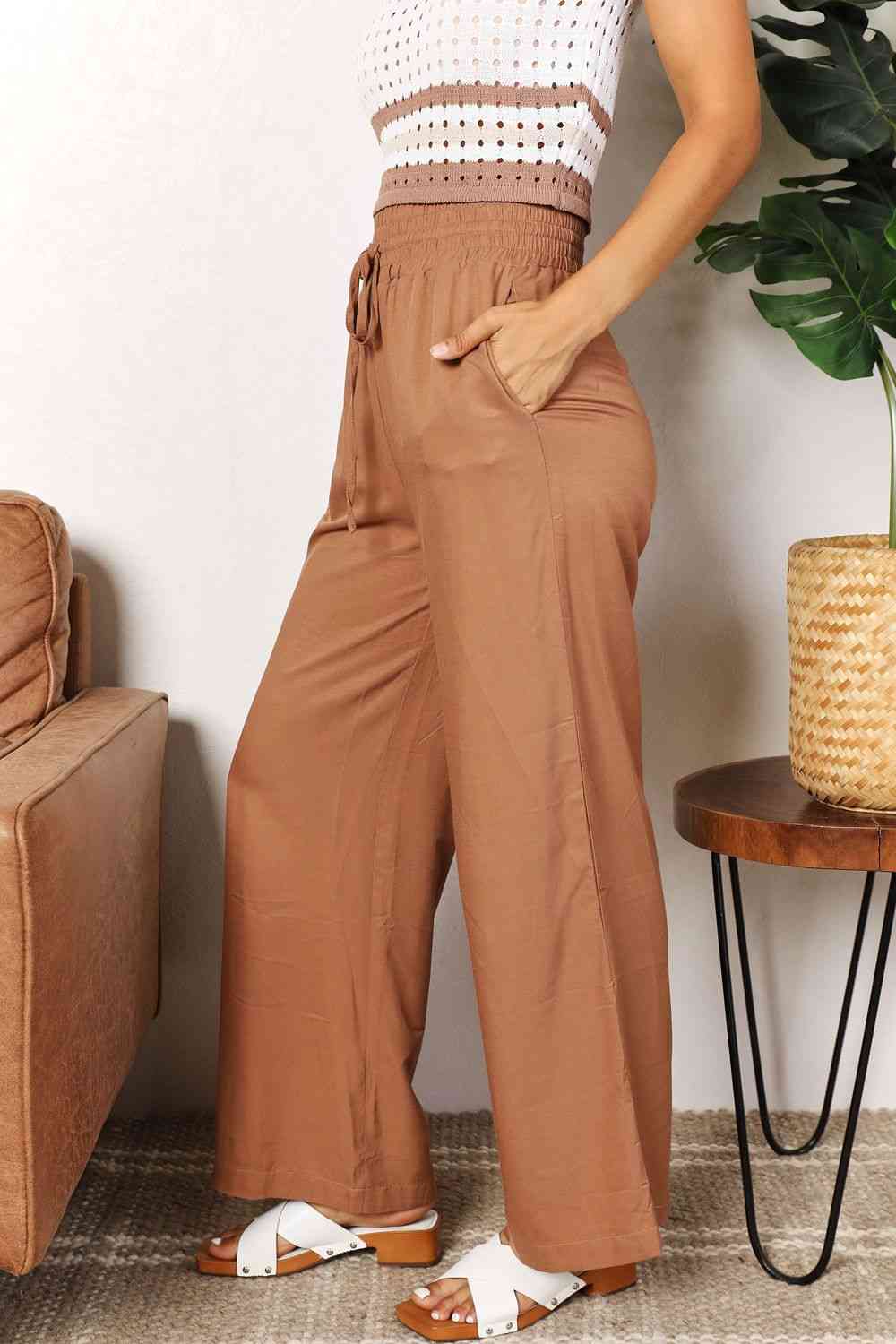 Smocked Drawstring Elastic High Waist Wide Leg Pants (Camel/Black)