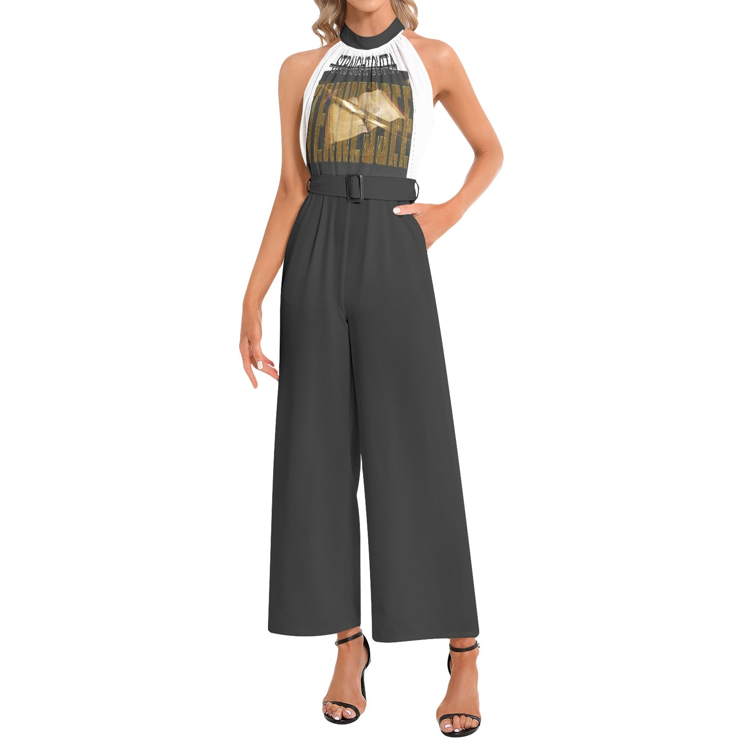 Straight Outta Tennessee 01 Designer Halter Mock Neck Buckle Belted Jumpsuit