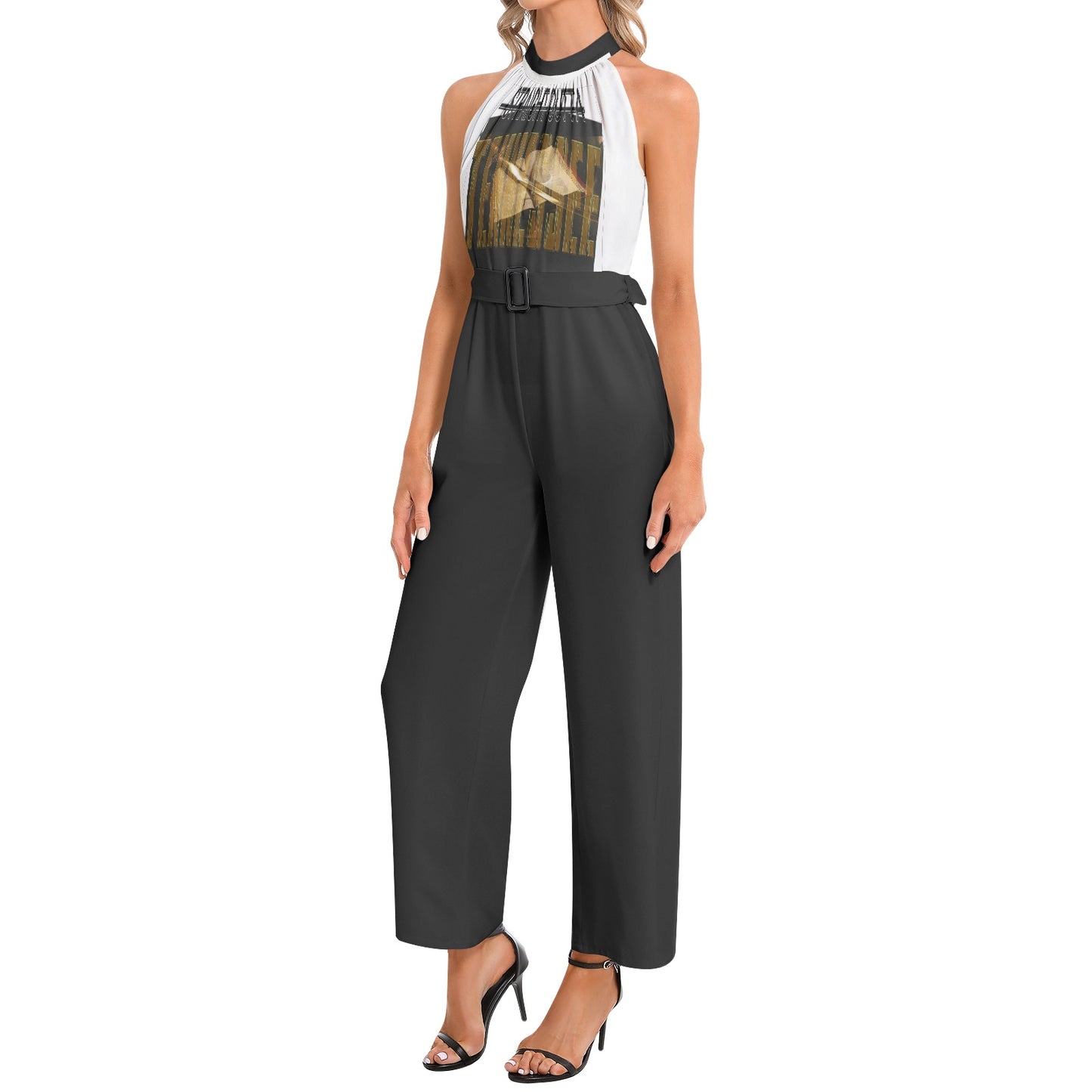 Straight Outta Tennessee 01 Designer Halter Mock Neck Buckle Belted Jumpsuit