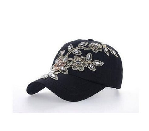 Diamond Embroidery Flower Denim Snapback Lady Baseball Cap