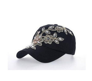 Gorra de béisbol de señora Snapback de mezclilla con flores y bordado de diamantes