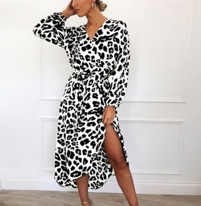 Leopard Print Asymmetrical V-neck Midi Dress