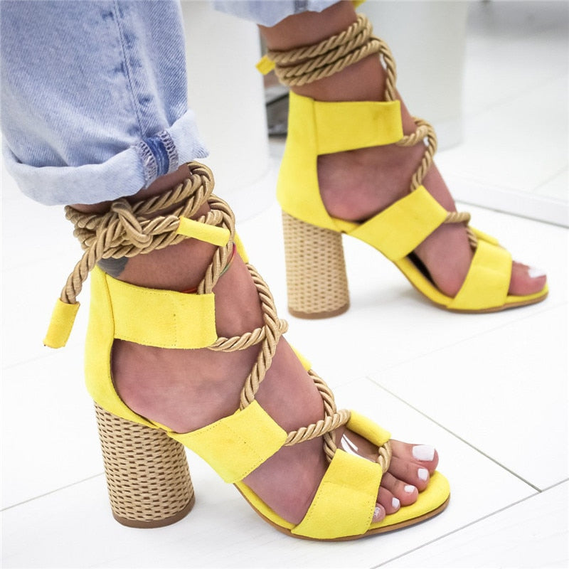 Hemp Lace Up Block Heel Gladiator Sandals