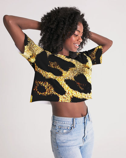 Primal Elegance: Golden Leopard Abstract Drop Shoulder Raw Hem Crop Top