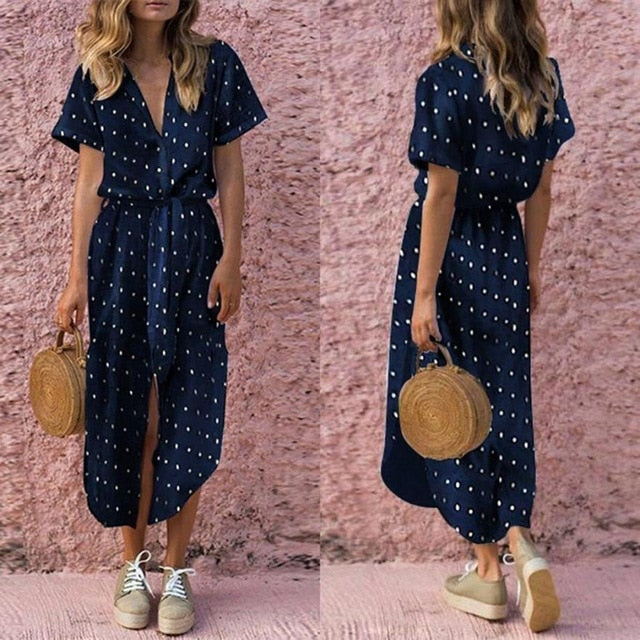 A-line Bohemian V Neck Bow Tie Polka-dot Dress